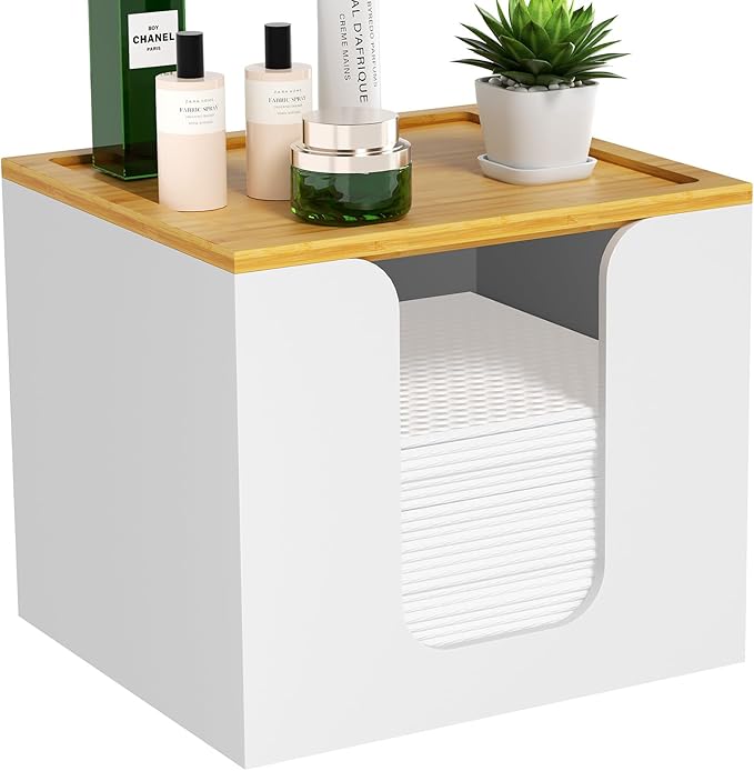 VITVITI Disposable Face Towel Holder Box, Acrylic Facial Towel Container for XL Clean Skin Club, Large Disposable Face Towels Storage with Bamboo Lid, for Bathroom, Vanity Makeup, White