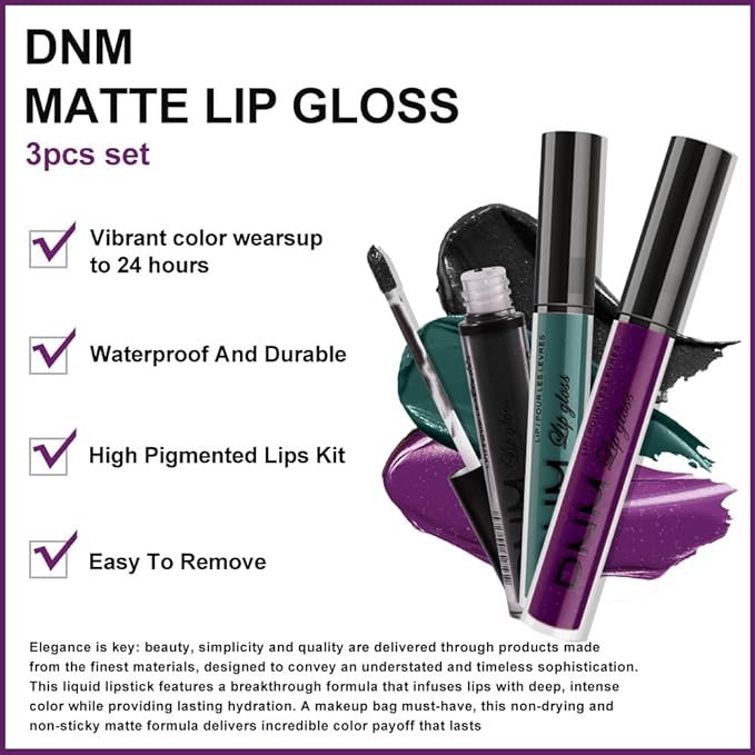 AMY'S DIARY Matte Dark Green Purple Black Plum Liquid Lipstick 3Pcs Sets,24-hour Lipstick Dark Deep Maroon Purple Plum black Lip Stain 24 Smudge Waterproof for Women (Set19)
