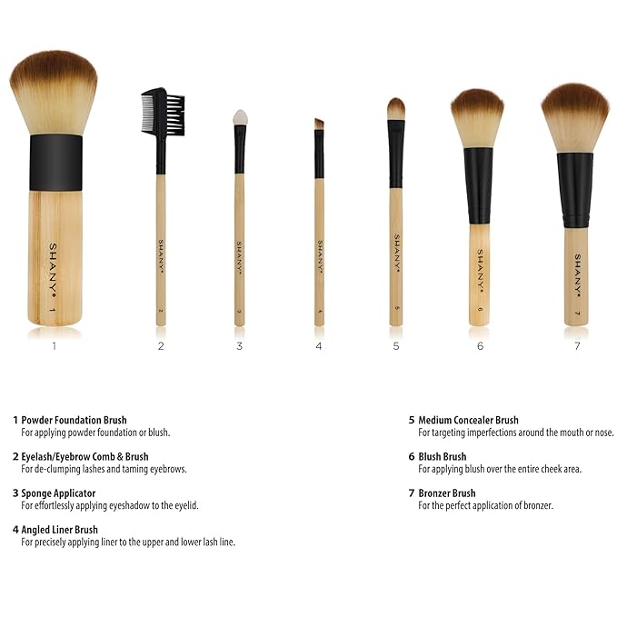 SHANY Bamboo Makeup Brush Set - Vegan Professional Makeup Brushes With Premium Synthetic Hair & Cotton Pouch for Easy Brush Storage - 7pc With Pouch