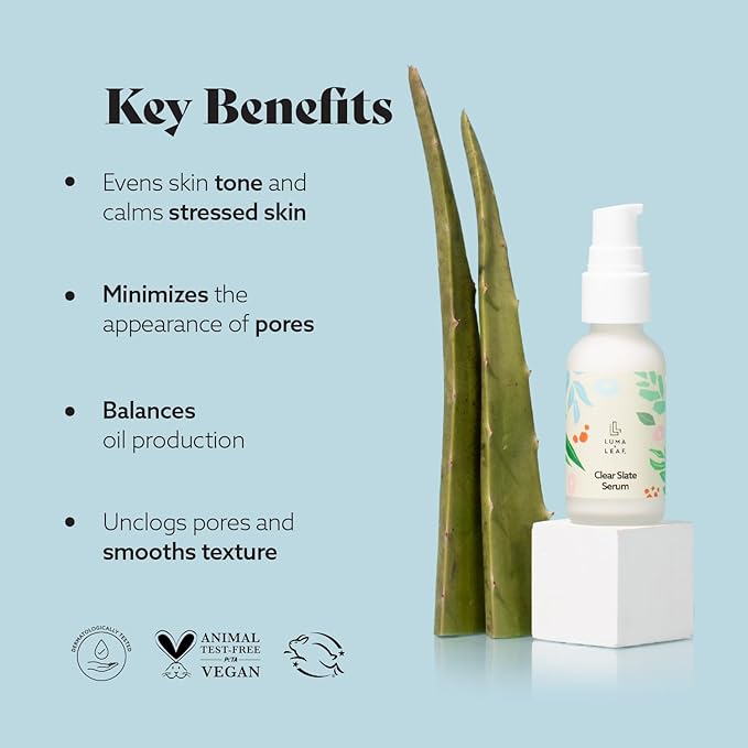 LUMA & LEAF Clear Slate Niacinamide Serum for Face – Redness & Acne Relief with Bakuchiol & Aloe Vera – Hydrating Vegan Daily Face Serum for Oily & Combination Skin