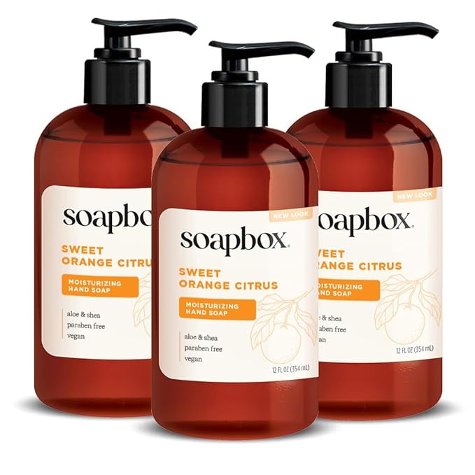 Soapbox Liquid Hand Soap, Sweet Orange Citrus - Gentle, Moisturizing Hand Cleanser, Aromatic & Soothing, Vegan & Cruelty Free Hand Wash for Kitchen and Bathroom, 12oz Pump Bottles (Pack of 3)