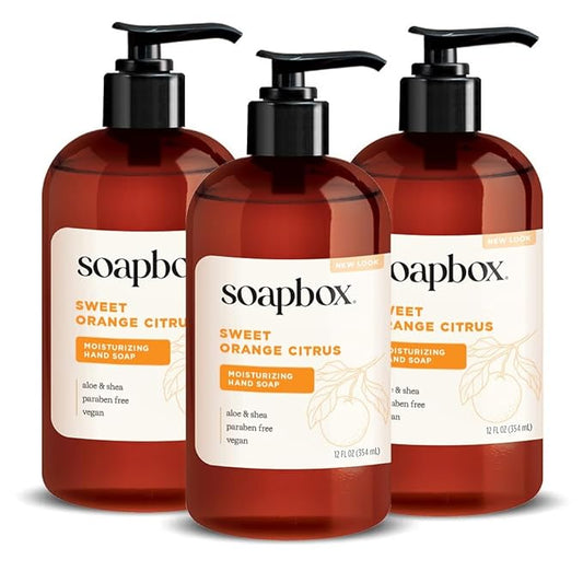 Soapbox Liquid Hand Soap, Sweet Orange Citrus - Gentle, Moisturizing Hand Cleanser, Aromatic & Soothing, Vegan & Cruelty Free Hand Wash for Kitchen and Bathroom, 12oz Pump Bottles (Pack of 3)