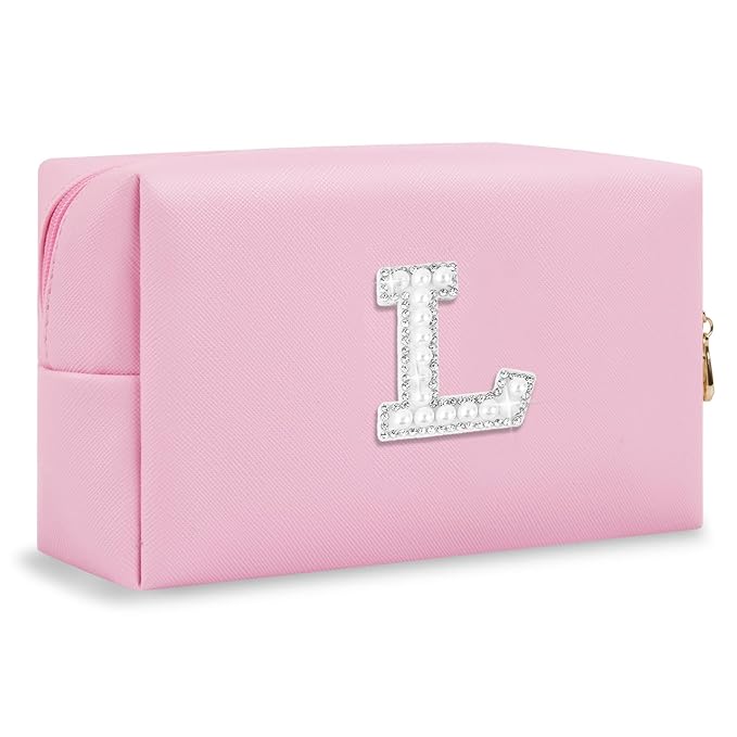 ChaoGreat Bride Gifts – Personalized Initial Makeup Bag with Pearl Rhinestone Patch, Preppy Pink Monogram Cosmetic/Toiletry Pouch, bridesmaid Gifts, Bridal Shower Gifts, Wedding Gifts, Bridal Gifts,L