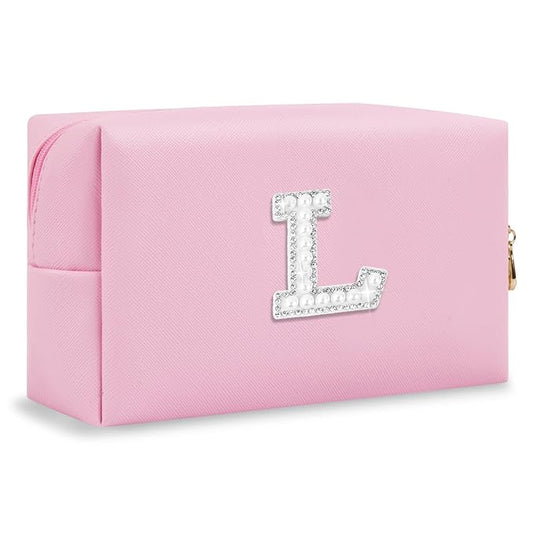 ChaoGreat Bride Gifts – Personalized Initial Makeup Bag with Pearl Rhinestone Patch, Preppy Pink Monogram Cosmetic/Toiletry Pouch, bridesmaid Gifts, Bridal Shower Gifts, Wedding Gifts, Bridal Gifts,L
