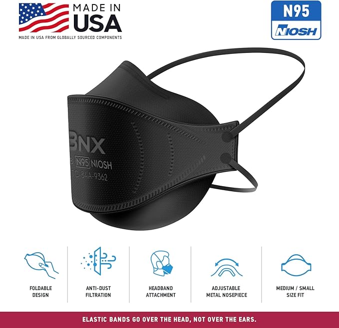 BNX N95 Mask NIOSH Certified MADE IN USA Face Mask, Tri-Fold Cup/Fish Style, 10,20,50-Pack - Black, White (Model F95B,F95W)