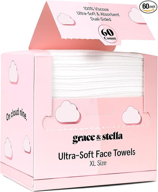 grace & stella Disposable Face Towels - Ultra-Soft & Absorbent Face Wipes - XL Facial Towels for Cleansing & Makeup Removal - Thick Towelettes - Lint-Free Facial Tissue - Vegan, Plant-Based (60 Count)