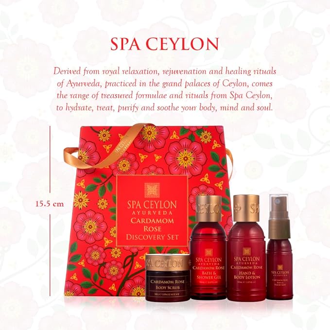 Spa Ceylon Cardamom Rose Discovery Set | Mind & Body Care Travel Size Set for All Skin Types |Body & Pillow Mist |Bath & Shower Gel | Hand & Body Lotion | Body Scrub