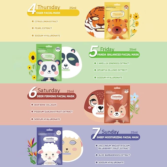 Kaely 6 Pack Animal Character Sheet Masks, Face Masks for Kids Teens Skin Care, Korean Soothe Facial Mask for All Skin Types, Girls Night Skincare Spa Party, Birthday Gifts for Women Men, Set05