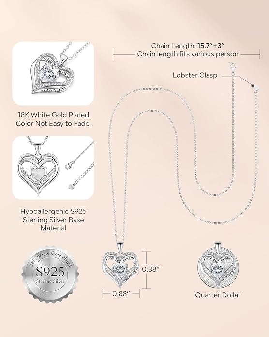 S925 Sterling Silver Necklace for Women, Wife Jewelry Rose Gold, Mom Birthday Valentines Mothers Day Gifts, Girlfriend Necklaces, Daughter Heart Jewel, Anniversary for Her
