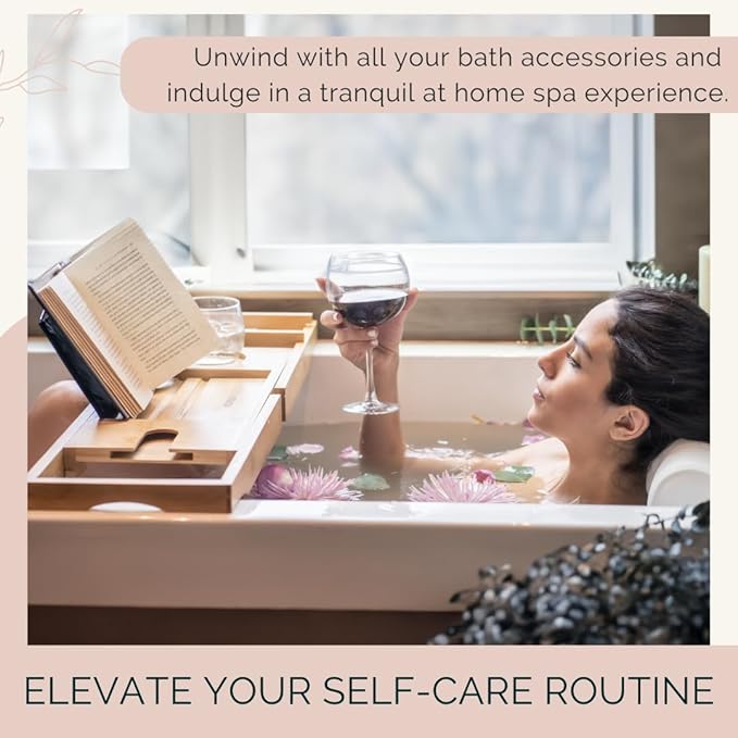 Foldable Bamboo Bathtub Tray Caddy - Expandable Bath Tray for Tub | Secure, Non-Slip Bathtub Caddy Tray for Tub for Bath Accessories, Bath Stuff – Perfect Relaxing Gifts for Women and Spa Gift Set