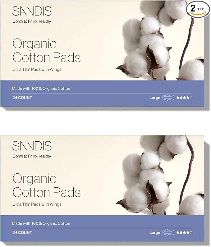 SANDIS Feminine Pad for Women - Large 48 Count 100% Organic Cotton Ultra Thin with Wings for Periods Menstrual Pads Sanitary Napkins Super Absorbency Leak Protection
