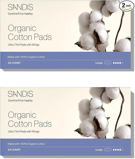 SANDIS Feminine Pad for Women - Large 48 Count 100% Organic Cotton Ultra Thin with Wings for Periods Menstrual Pads Sanitary Napkins Super Absorbency Leak Protection