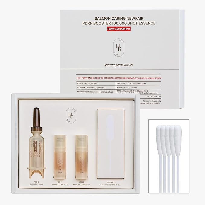 HEVEBLUE Salmon Caring Centella New Pair PDRN Booster 100,000 Shot Essence (2ea) - Salmon PDRN, Restore and Rejuvenate, Refine Skin Texture, Low Irritation, Korean Skincare, K-Beauty