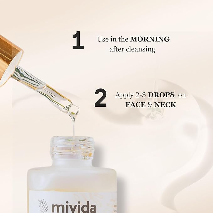 mivida 20% Vitamin C Serum for Face, Anti-Aging & Brightening Serum | W/Hyaluronic & Ferulic Acid, Vit E | Reduces Wrinkles, Fine Lines, Dark Spots & Hyperpigmentation, Maximum Strength Formula, 1floz