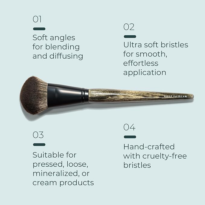 Rose and Ben Beauty Makeup Tools - C42 Foundation Brush, C41 Blush Brush and Setting Puff