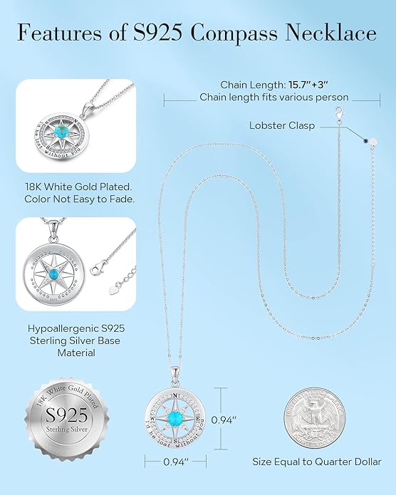 S925 Necklace Gift for Wife |Compass Jewelry |Women Anniversary |Sterling Silver |Girlfriend Birthday Gifts for Her Valentines |I'd be Lost without You |Jewel 18K Gold