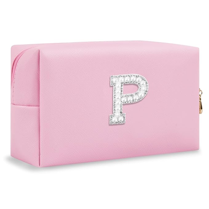 ChaoGreat Bride Gifts – Personalized Initial Makeup Bag with Pearl Rhinestone Patch, Preppy Pink Monogram Cosmetic/Toiletry Pouch, bridesmaid Gifts, Bridal Shower Gifts, Wedding Gifts, Bridal Gifts,P