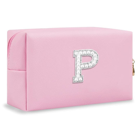 ChaoGreat Bride Gifts – Personalized Initial Makeup Bag with Pearl Rhinestone Patch, Preppy Pink Monogram Cosmetic/Toiletry Pouch, bridesmaid Gifts, Bridal Shower Gifts, Wedding Gifts, Bridal Gifts,P