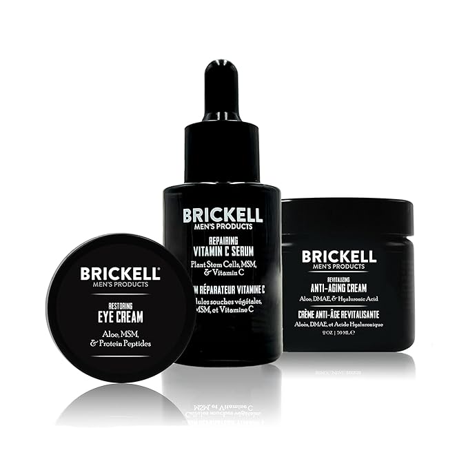 Brickell Men's Advanced Anti-Aging Routine, Night Face Cream, Vitamin C Facial Serum and Eye Cream, Natural and Organic, Unscented, Skin Care Gift Set