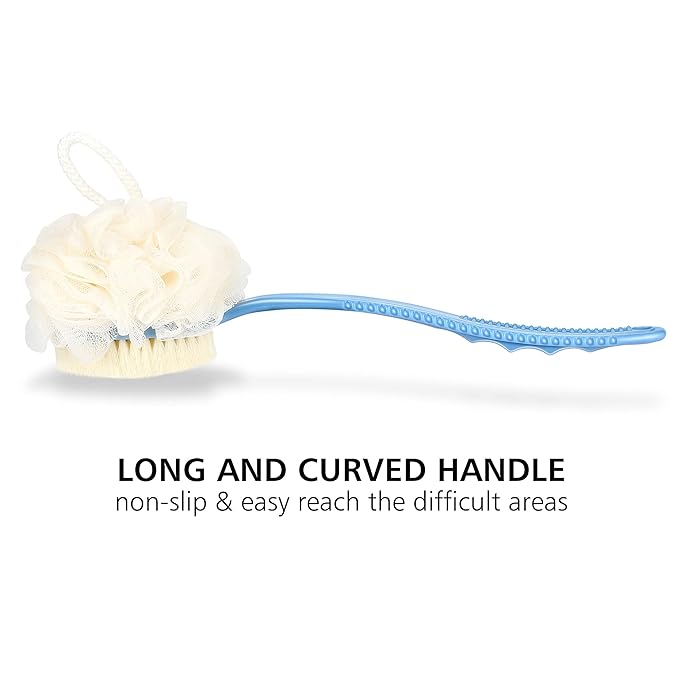 Shower Body Brush with Bristles and Loofah,Back Scrubber Bath Mesh Sponge with Curved Long Handle for Skin Exfoliating Bath, Massage Bristles Suitable for Wet or Dry, Men and Women (Blue)
