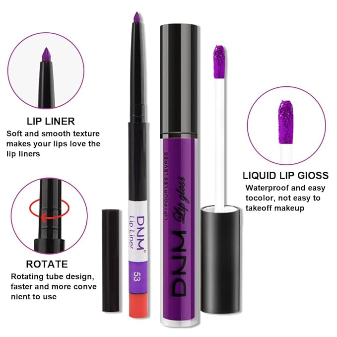 evpct 2Pcs Lavender Purple Matte Liquid Lipstick Lip Gloss Stain and Retractable Lip Liner Makeup Set for Women Long Lasting Waterproof 24 Hours Lipstick labial mate larga duracion 24 53#