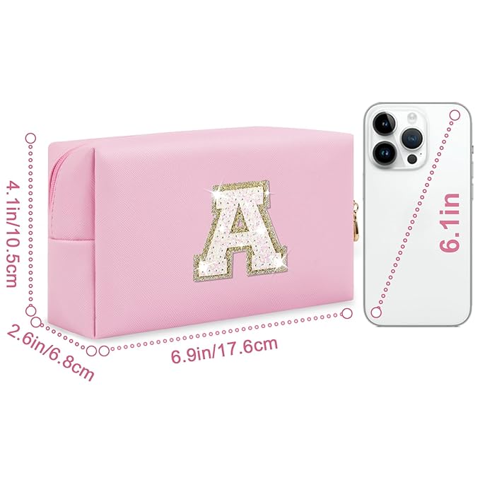 Small Personalized Initial A-Z Patch Makeup Bag,Pink Cute PU Leather Glitter Letter Cosmetic Bag for Teen Girls,Travel Toiletry Bag with Zipper,Preppy Monogrammed Birthday Gift for Daughter Niece A