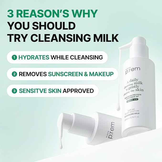 MAKE P:REM Safe Me. Relief Moisture Cleansing Milk, Hydrating Gentle Face Wash for Sensitive Skin with Soy Protein, Korean Milky Cleanser, Korean Skin Care, 6.76 Fl.Oz, 200ml