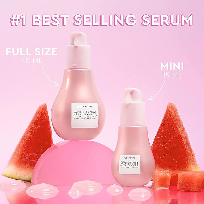 Glow Recipe Watermelon Niacinamide Dew Drops, Travel Size - Brightening, Plumping Hydrating Face Serum, Makeup Primer + Liquid Highlighter with Hyaluronic Acid - Dewy & Glowing Korean Skin Care (15ml)