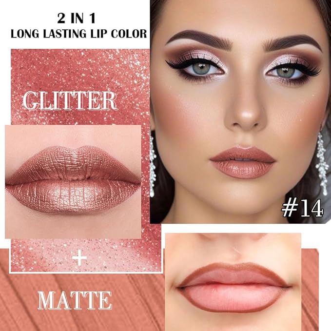 evpct Bronze Gold Metallic Glitter Lip Liner and Lipstick Combo Lip Gloss Stain Set Makeup for Women Long Lasting Waterproof 24, Rose Gold Metallic Shimmer Frosted Iridescent Glossy Liquid Lipstick 14