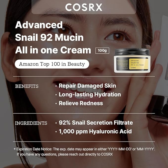 COSRX Glazed Donut Look- Snail Mucin 92% Daily Repair Moisturizer with Snail Mucin Sheet Mask (Pack of 10), Hydrating Serum for Face with Snail Secretion Filtrate for Dark Spots and Fine Lines