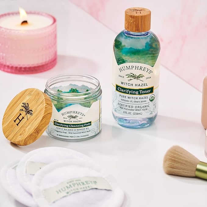 Humphreys Witch Hazel Clarifying Cleansing Pads | Wild Harvested Witch Hazel | Natural, Fragrance-Free Formula | Removes Oil & Impurities | 60 Rounds