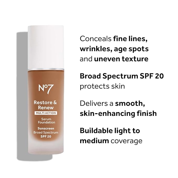 No7 Restore & Renew Multi Action Serum Foundation - Porcelain - Liquid Foundation Makeup with Vitamin C, Vitamin E & Collagen for Face - Beauty Skin Serum Formula with Medium Coverage (30ml)