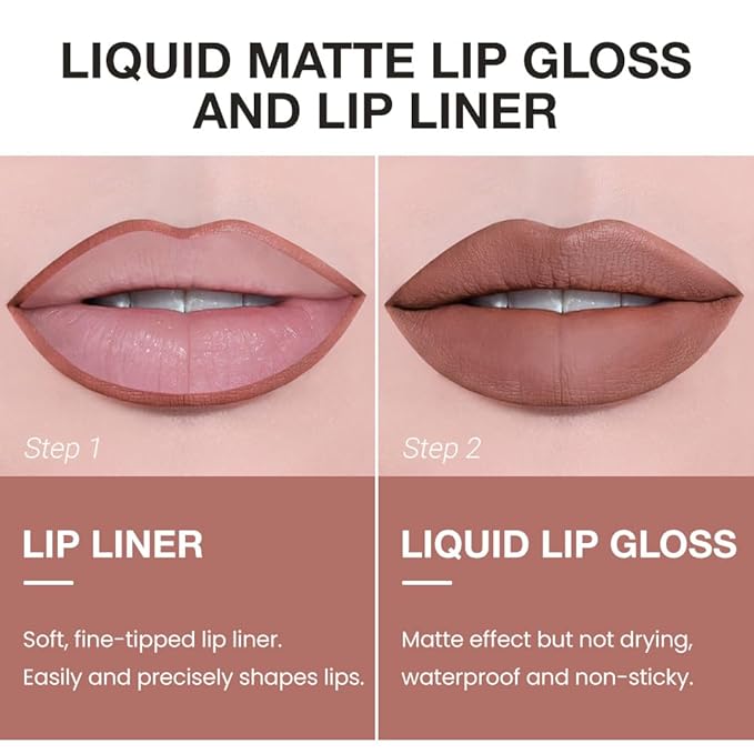 AMY'S DIARY 2pcs Lip Liner & Lipstick&Shiny Clear Lip Oil Makeup Set, Liquid Lipstick 24H and Lip Liner Set Matt Liquid Lips Make Up Waterproof Long Lasting (03#, 2 Pcs Set)