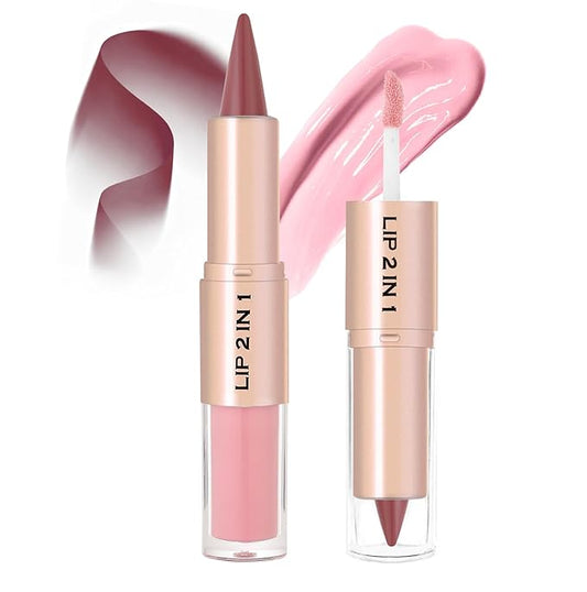 2-in-1 Dual-Ended Lip Liner Lipstick & Gloss Set, Lip Combo with Mirror Effect, Smooth Matte Lip Liner and Moisturizing Lightweight Lip Plumping set for Women, 05 Berry