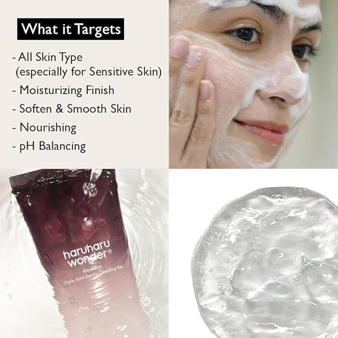 HARUHARU wonder Black Rice Triple AHA Gentle Cleansing Gel 3.38 fl oz, Hydrating Cleansing gel, Gentle exfoliating, Vegan, Travel essentials, Korean Skincare