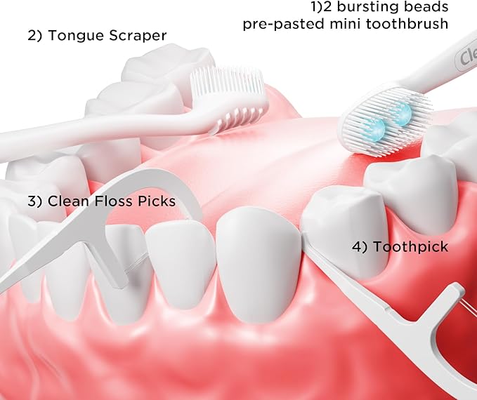 cleaings® Disposable Toothbrushes with Toothpaste - 4-in-1 Mini Travel Toothbrushes, Built-in Tongue Scraper, Floss & Picks for On-The-Go, Camping, Work (Mint)