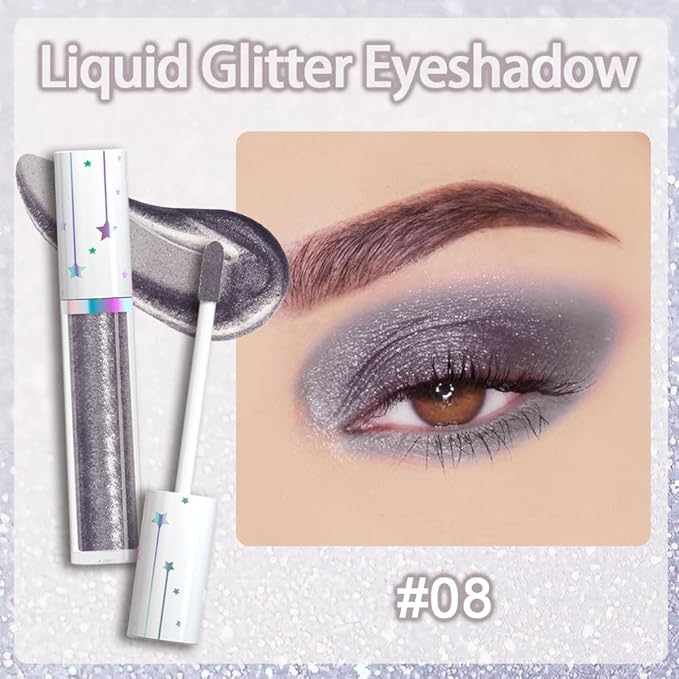 evpct Liquid Shimmery Glitter Eyeshadow Eyeliner, High Pigment Colored Metallic Eyeshadow Stick Eyeliner, Waterproof Long Lasting Sparkle Eye Makeup Set for Women, 08# Dark Grey