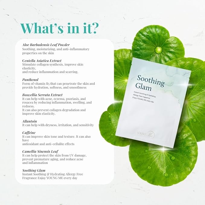 YoungMe Soothing Glam Facial Sheet Mask - 1 Sheets Face Masks | Korean Face Mask Skincare - Deep Real Masks for Sensitive Skin or All Skin Types