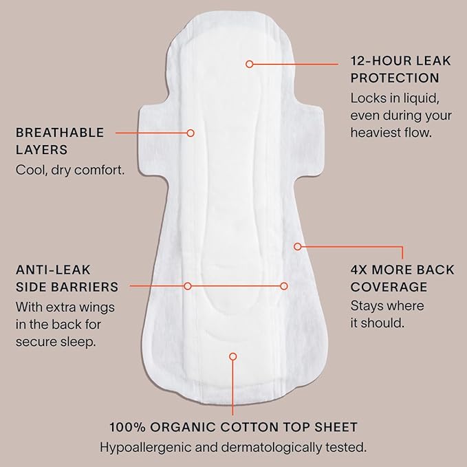 Cora 100% Organic Cotton Topsheet Pad | Ultra Thin Period Pads with Wings | Extra Heavy Overnight Absorbency | Unscented Ultra-Absorbent Sanitary Pads for Women (48 Count)