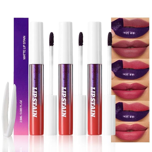 evpct 3Pcs Maroon Mauve Vivid Red Peel Off Lip Stain Tints, Matte Liquid Lipstick Lip Stain Long Lasting Waterproof for Women, Longwear Lipstick Peel Off Highly Pigmented Smudge-proof Easy to Apply