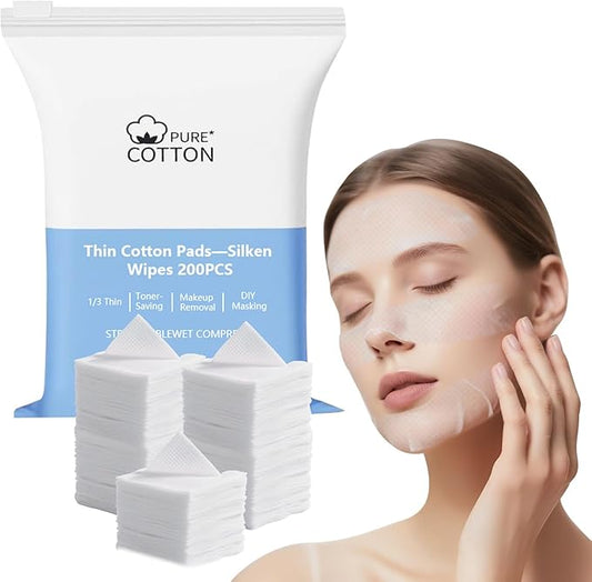 Thin Cotton Pads, Stretchable Cotton Wipes for Face Thin Silken Wipes Makeup Remover Cotton Pad for Wet Application Toner 3.9 * 3.9in Makeup Stretchable DIY Mask for Face 200 Count (Pack of 1)