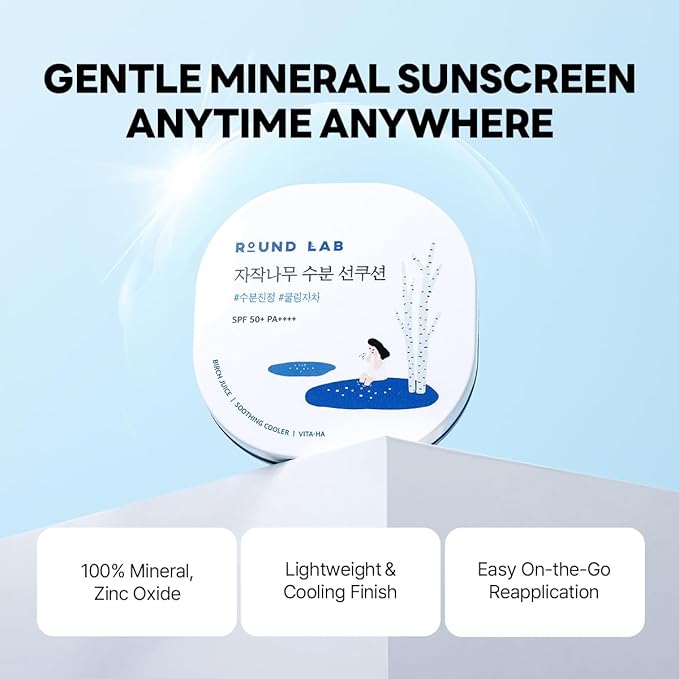 Round Lab Birch Juice Moisturizing UV Lock Sun Cushion, SPF50+ Broad Spectrum, 0.52 oz | Mineral Sunscreen for Sensitive Skin, Clean, Non-Toxic UV Protection for On-the-Go, Moisturizing&No White Cast