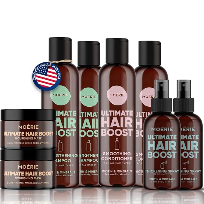 Moerie Shampoo and Conditioner Plus Hair Mask and Hair Spray Mega Pack – The Ultimate Hair Care Set – For Longer, Thicker, Fuller Hair - Volumizing Hair Products – Paraben & Silicone Free - 8 items