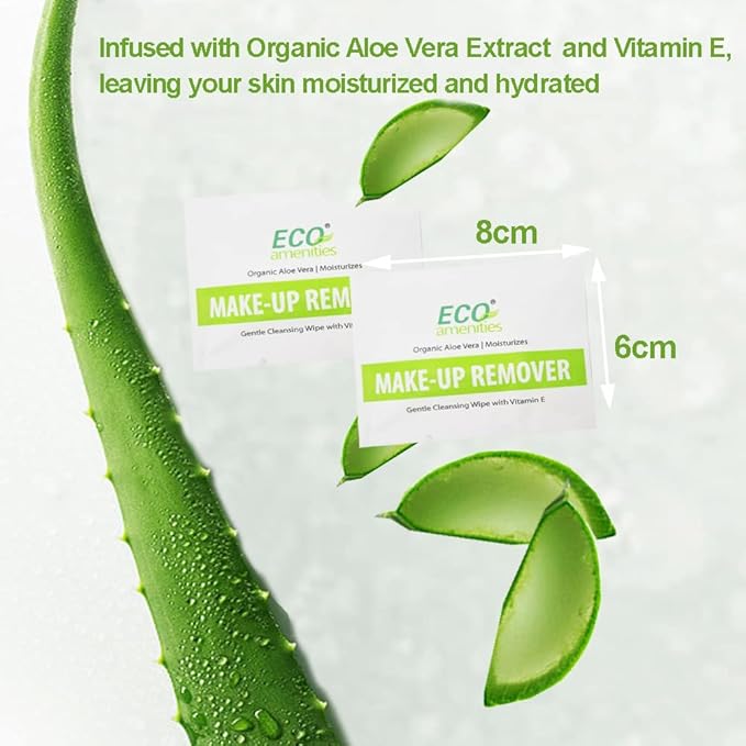 ECO amenities Makeup Remover Wipes - 20 Count, Individually Wrapped, Aloe Vera & Vitamin E - Face Wipes for All Skin Types - Travel Makeup Towelettes & Gentle Cleansing