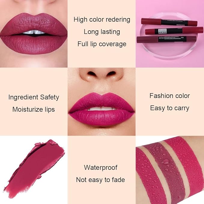 BINGBRUSH 3 Colors Moisture Smooth Longwear Lipstick Pack Set, Matte Color Stick Ultimate Lip Crayon for Makeup Collection - Nourishing Waterproof Velvet (02# 12# 14#)