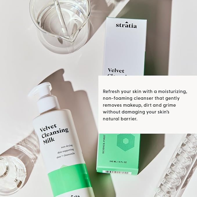 Stratia Velvet Cleansing Milk - Gentle Cream Face Cleanser, Moisturizing & Non-Foaming with Chamomile, Olive Oil & Aloe Vera, 8 Fl Oz