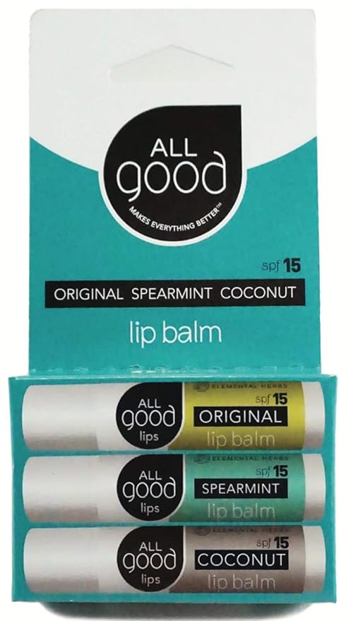 All Good Organic SPF15 Lip Balm - Hydrating Lip Care with Olive Oil, Beeswax, Calendula, Lavender, Vitamin E - Lip Moisturizer with Zinc Oxide Protection - Original, Spearmint & Coconut (3-pack)