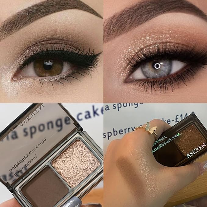 2 Color Shimmer & Matte Eyeshadow Palette Makeup, Brown Matte & Golden Champagne Shimmer Shades eye shadow for Womam, Long-Lasting & Highly Pigmented, Vegan & Cruelty-Free