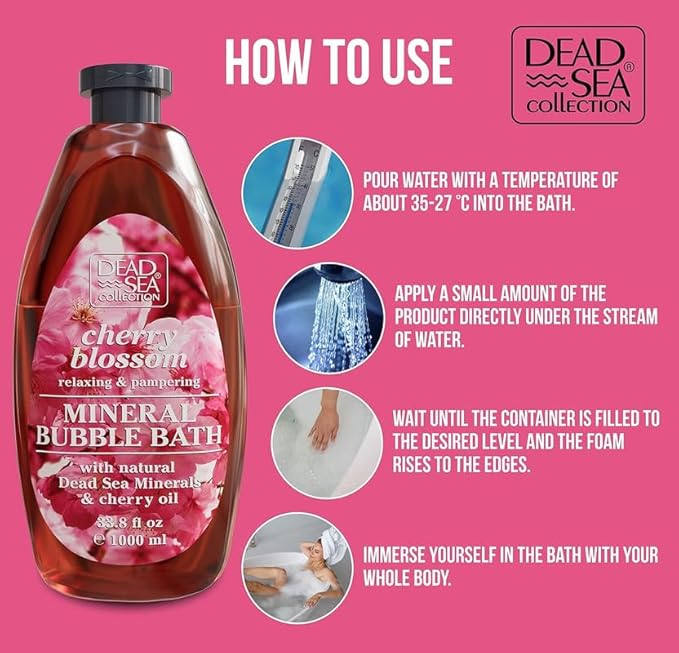 Dead Sea Collection Bubble Bath for Women and Men - with Cherry Oil and Pure Minerals - Nourishing and Moisturizing Skin - 33.8 Fl. Oz