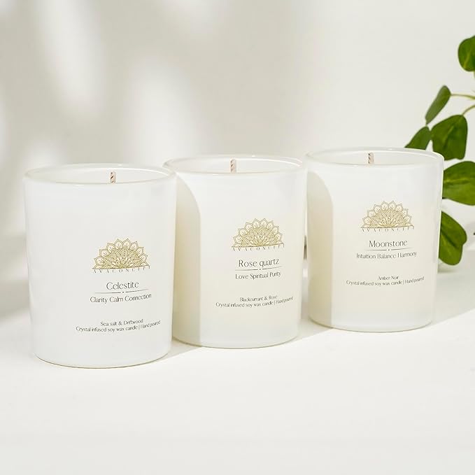 Soy Candles Healing Crystals.Rose Quartz,Moonstone,Blue Celestite Crystal. Black Currant&Rose, Amber Noir, Sea Salt&Drift Wood. Positivity Energy Gift for Women, 3PC Candle Set 3.5 oz Each